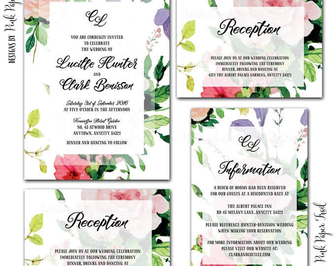 Printable Floral Wedding Invitation Suite v.6, 4pcs set, Garden Wedding Invitation, Floral Wedding, Rustic, Rose, Print Your Own