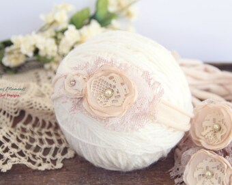 Neutral Tieback, Newborn Tie Back, Newborn Photo Prop, Newborn Headband, Tieback, Cream Beige Tieback, Lace Tieback, Halo, Floral Tieback