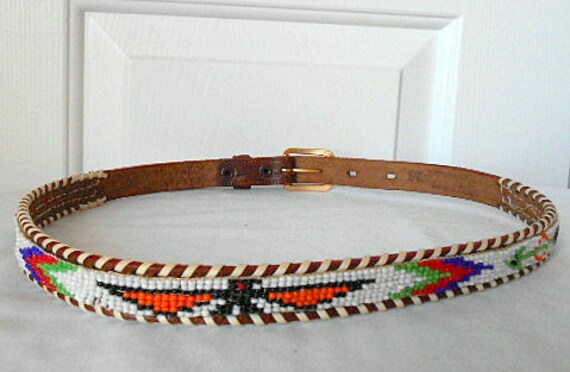Vintage beaded Leather Native American skinny Belt