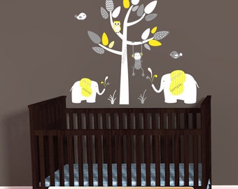 Yellow Gray Jungle Animal Decals, Elephants Wall Decal, Monkey decal, Above Crib Decal, Chevron Theme, baby nursery decals, Mini White Tree