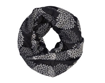 INFINITY SCARF - Screen Printed - Gray Flowers on Black