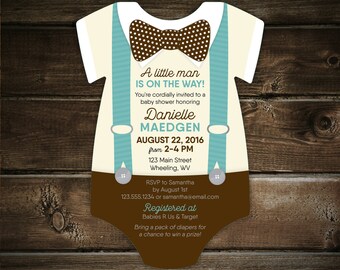 Little Man Baby Shower Invitations, Suspenders invite, creeper die cut, Bowtie, little gentleman, baby boy, printed with envelopes