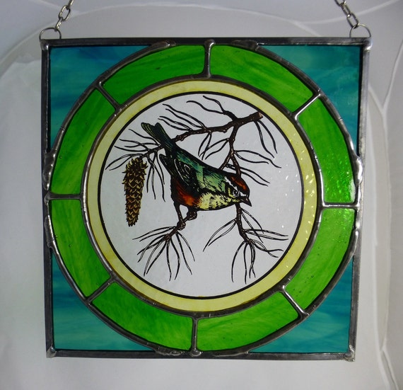 Stained Glass British Bird Panel with Hand Painted Firecrest