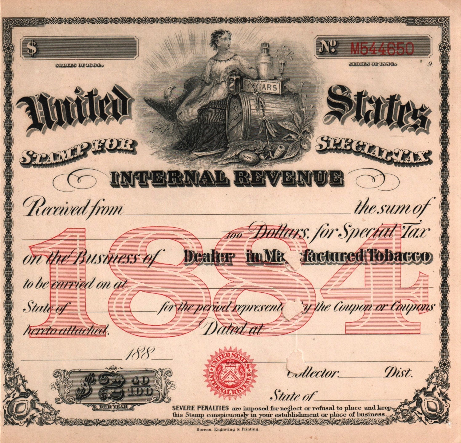 Antique 1884 TOBACCO Business Cigars Pipe US Tax Stamp Unique