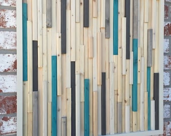 Wood Sculpture Wall Art - Skinny Rectangles - 24x24- White and turquoise