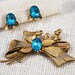 Vintage Coro Gold Tone and Aqua Rhinestone Demi Parure Brooch and Earrings Set