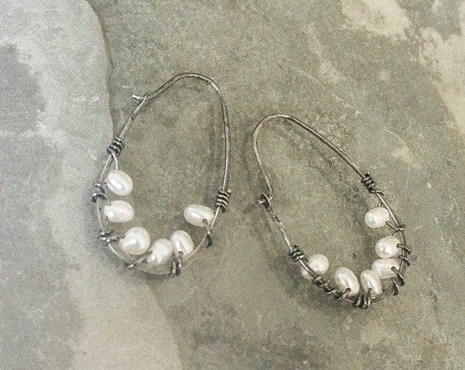 Silver Pearl Hoop Earrings, Pearl Hoop Earrings, Pearl Hoops, Pearl Earrings, Silver Hoops, Silver Earrings