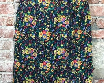Vintage Corduroy Pencil Skirt Bright Multi- Colour Foral Print & Front Pockets