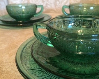 9 Piece Mini Green Glass Cups And Saucers Snack Plates Bread And Butter Plates Depression Glass Design. Retro Small Tea Party Serving
