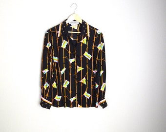 vintage silk flag nautical black long sleeve blouse -- womens medium