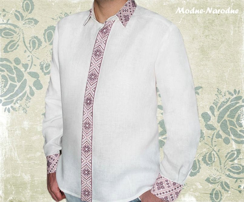Mens white linen shirt embroidered Button up shirts for men