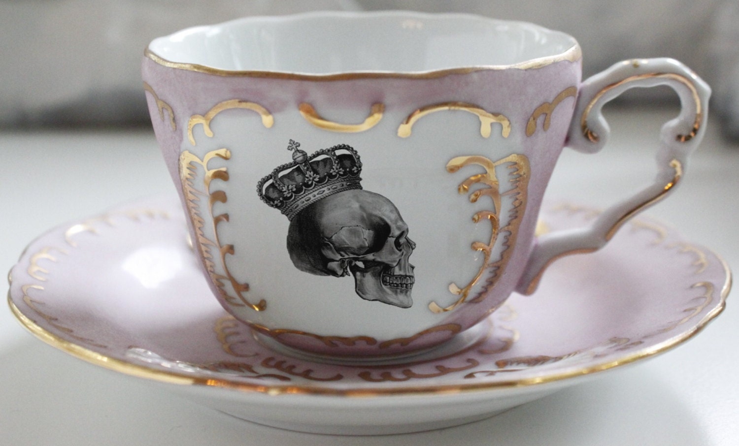 Blue or Pink and Gold Skull Tea Set Goth Teacup Set Skull