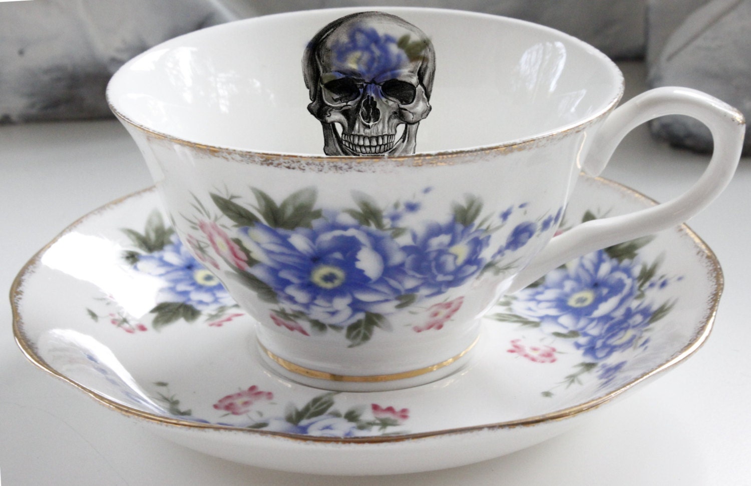 Floral Skull Teacup and Saucer Set Steampunk Tea Cup Goth