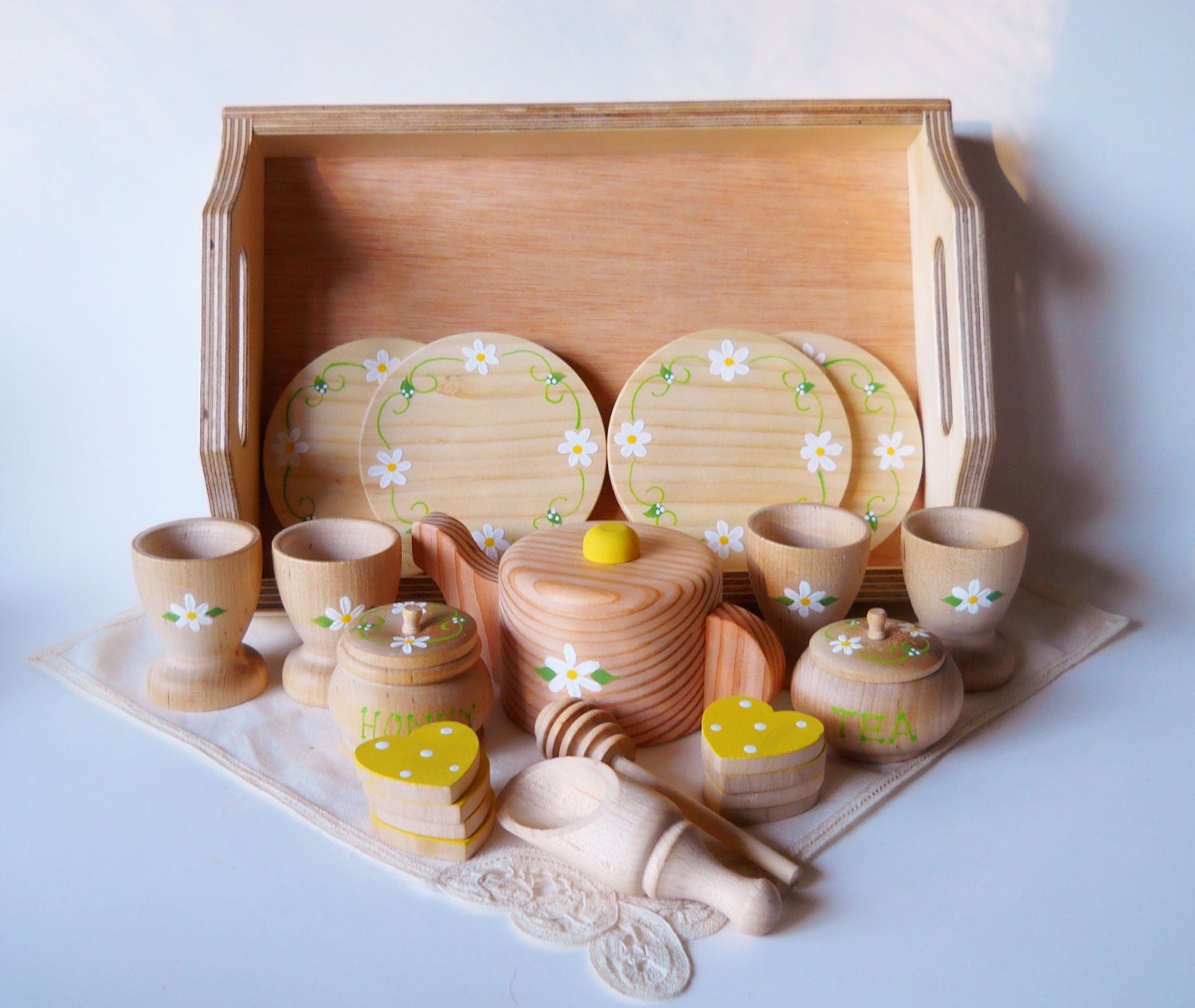 Daisy Tea Set Wooden Tea Set Tea Set with Tray or Muslin