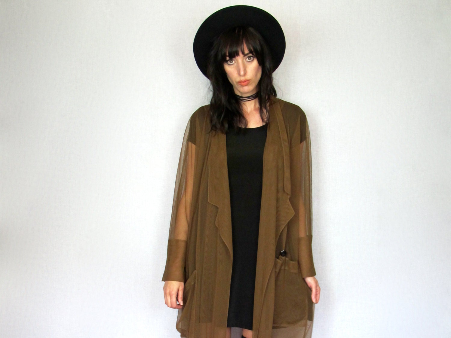 Sheer Duster Cardigan Dress Womens Brown 90s Boho Goth VTG