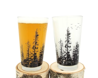 Forest Pint Glasses - Screen Printed Glassware - Set of two 16oz. Pint Glasses
