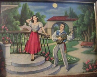 VINTAGE PORTUGUESE kitsch framed PRINT 1950s serending banjo