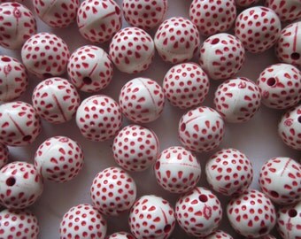 Red and White Polka Dot Acrylic Beads 11mm 12 Beads