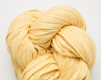 Warm Yellow Linen Cotton Nylon Blend Recycled DK to Worsted Weight Recycled Ribbon Yarn, lbl00208