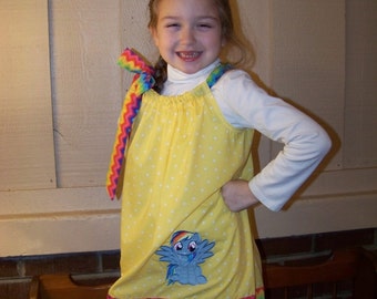 Rainbow Dash Dress, My Little Pony Pillowcase Dress, MLP, Yellow with White Polka Dots with Rainbow Chevron, Made to Order, Size 6 mos to 14