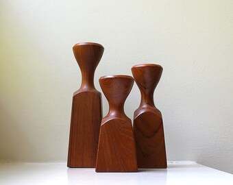 Vintage Dansk Teak / Brass Candle Holders Graduated Trio IHQ Quistgaard Danish Modern