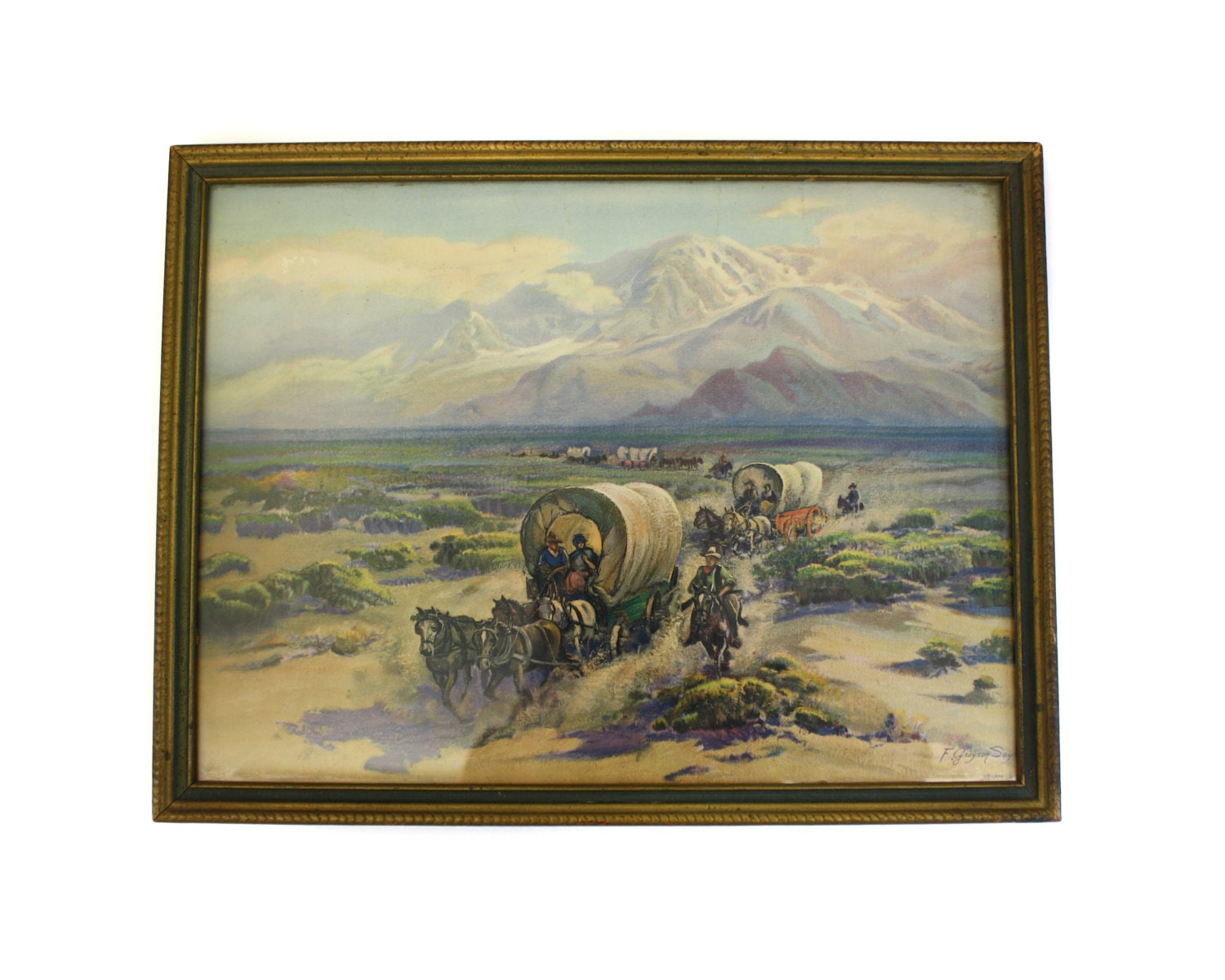 Vintage F Grayson Sayre Framed Covered Wagon Scene Lithograph