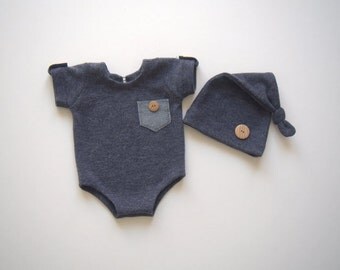 NEW-Newborn Photography Prop Short Sleeves Romper and Sleepers hat-Photography Prop Sets- Boys Clothing-Baby Onesie-Baby Boy Clothing Sets