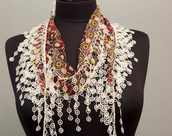 Fringed lace scarf plaid ,triangle lace scarf , guipure scarf, flowered ,woman scarf