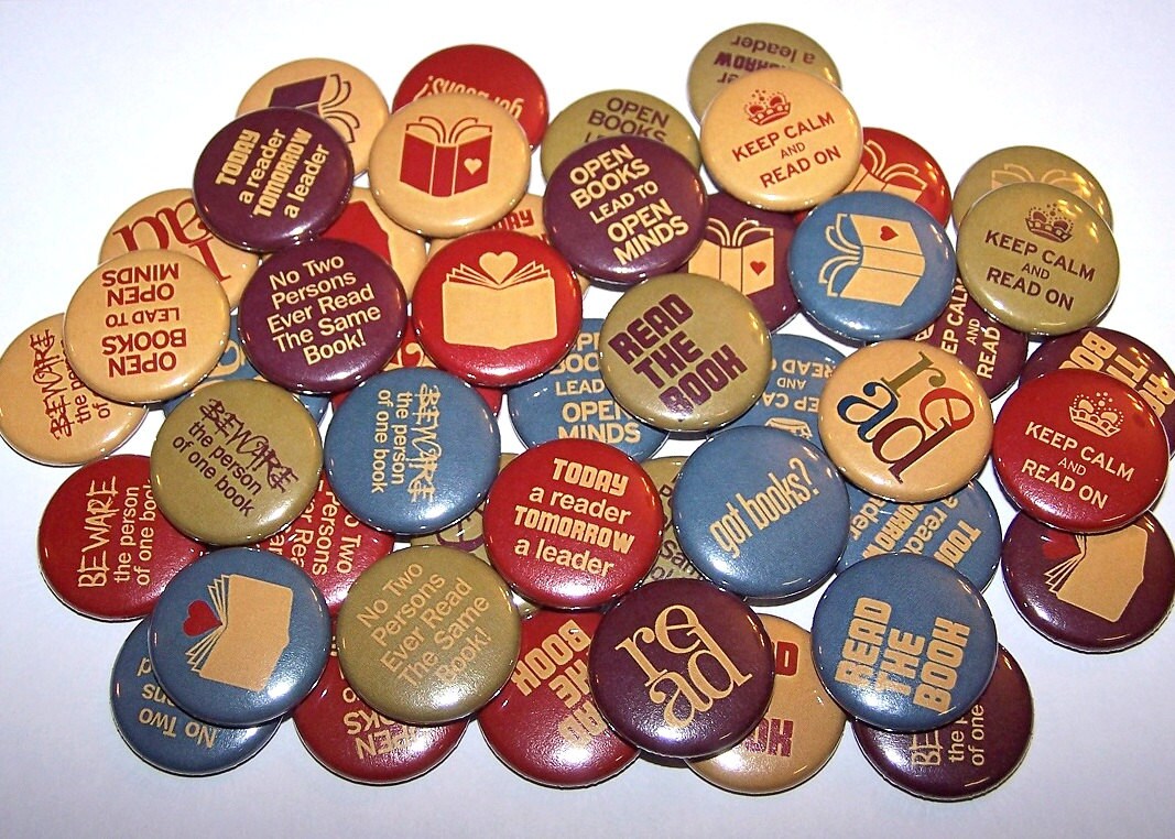 Books Reading Set of 10 Buttons 1 or 1.5 Pin Back