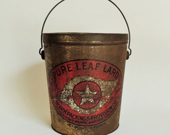 Vintage Prim Tin With Lid And Bail Handle, Rustic Farmhouse Decor, Primitive Decor, Old Pure Leaf Lard Tin
