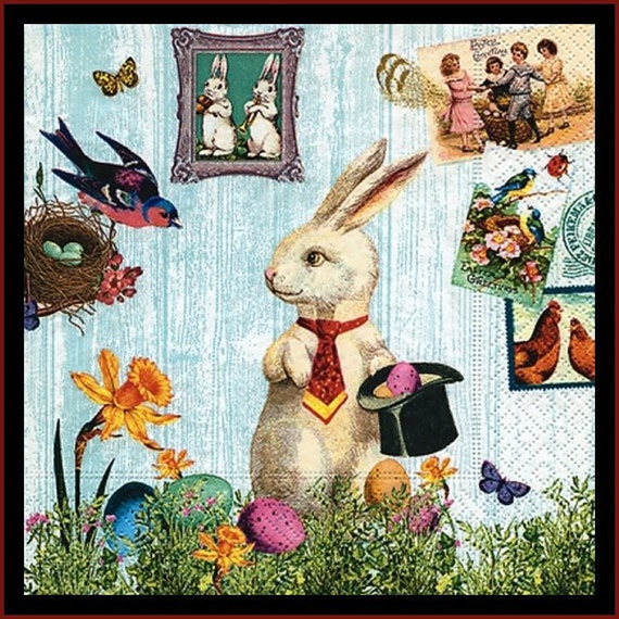 Vintage Easter Bunny Decoupage Paper Napkins lot of four 3