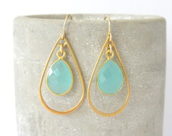 Chalcedony Gold Dangle Earrings - Aqua Chalcedony Earrings