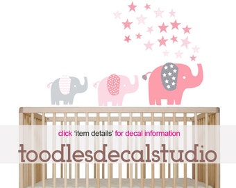 Elephant Wall Decal for Girls Room, Pink Elephant Fabric Decals, Reusable Peel & Stick Elephant Decal, Grey Elephant Stickers, Star Decals