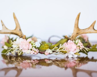 Antler Flower Crown - Woodland Theme Flower Rustic Halo - Flowergirl piece - Wedding - Deer Newborn Prop - Wedding Crown - Floral Hairpiece