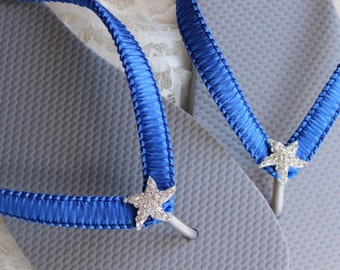 Gray Bride Flip Flops, Grey bridal flip flop, Wedding flats, Silver wedding flip flops, beach wedding, Royal blue flip flops, Cobalt shoes
