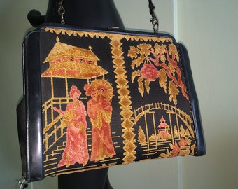Vintage 1950s Carpetbag Carpet Bag 50s Rockabilly PinUp Bombshell Large Purse Tote Japanese Asian Figural Design Tapestry Handbag Black
