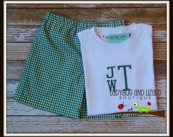 Gray Gingham Green Tractor Applique Shortall main image 1