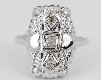 Vintage Diamond Ring Antique Ring 14K White Gold Circa 1920's Heart Detail Size 5.5