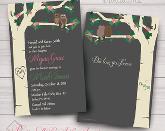 Love's a Hoot! Wedding/Shower Invitations w/Owls and a Springy Flowered Carved Tree. Color, Font & Text Changes Free! Digital or Printed.