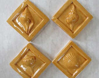 Ceramic SeaShell tiles -- Set of Four 2x2 tiles in Amber glaze, bathroom decor, kitchen decor, Accent tiles, IN STOCK