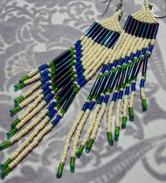 Ivory, blue and lime seed bead earrings