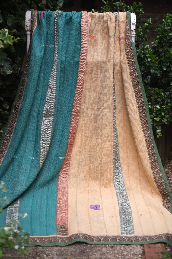 Green kantha Kantha Sari throw Sari Blanket Kantha Blanket