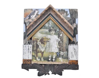 Secret Garden, mixed media asemblage, found object art, wood wall art, by Elizabeth Rosen