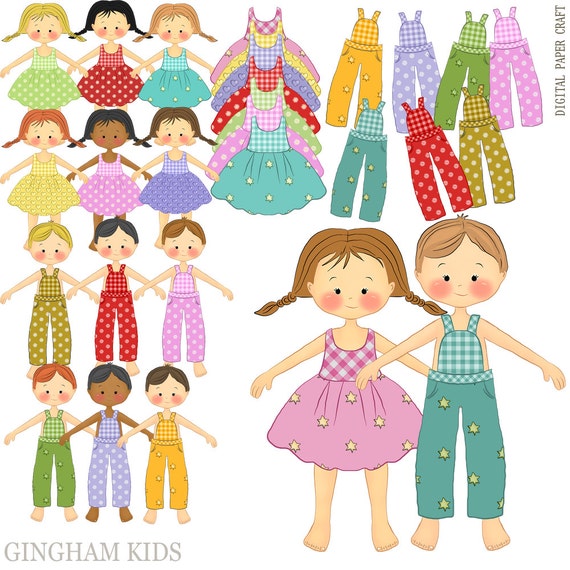 Clipart Girls and Boys dressed in Gingham assorted clothes