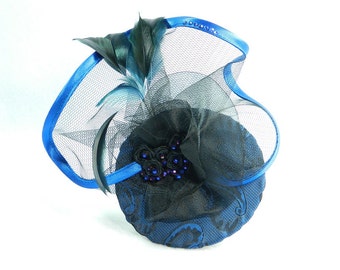 Fascinator dark blue Gothic Steampunk Lolita Headpiece Headdress Bibi Chapeau clubbing Damenhut Anlasshut Hut