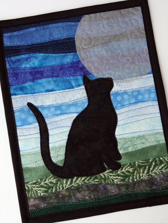 Moon Gazing Black Cat Quilted Wall Hanging / Mini Art by PingWynny