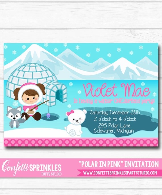 Diy Personalized Winter ONEderland "Polar in Pink" Eskimo Girl Birthday Party Digtial Printable 4"x6" or 5"x7" Invitation Il_570xn