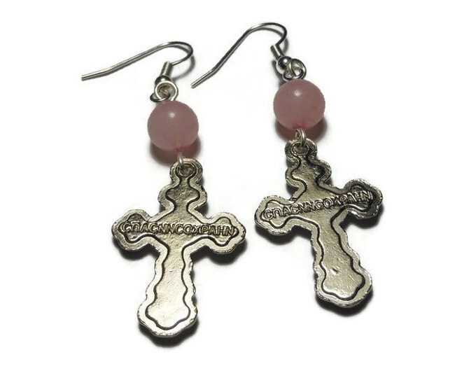 Orthodox Crucifix Earrings, handmade Russian Orthodox silver plated with rose quartz beads, cross pierced dangle earrings.