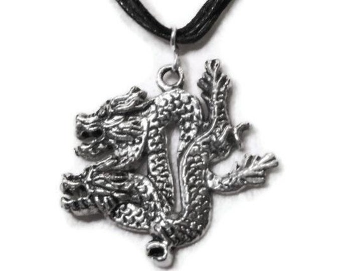 Silver dragon pendant necklace, Tibetan silver handmade unisex black corded, unisex necklace, D & D, fantasy
