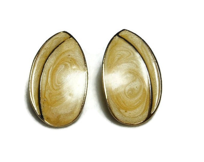 Butterscotch enamel earrings, yellow swirl iridescent teardrop pierced earrings gold tone.